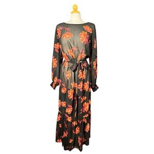 Ava & Viv Sheer Black and Red Floral Long Sleeve Dress